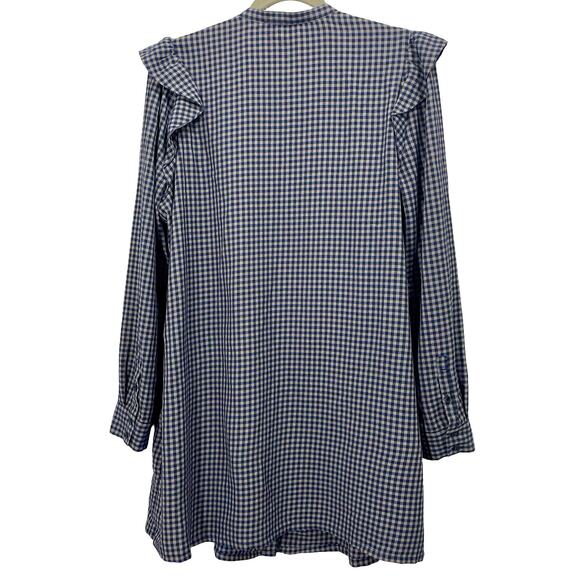 Treasure & Bond Blue Gray Plaid Button Up Long Sleeve Babydoll Dress Ruffle - Picture 3 of 9